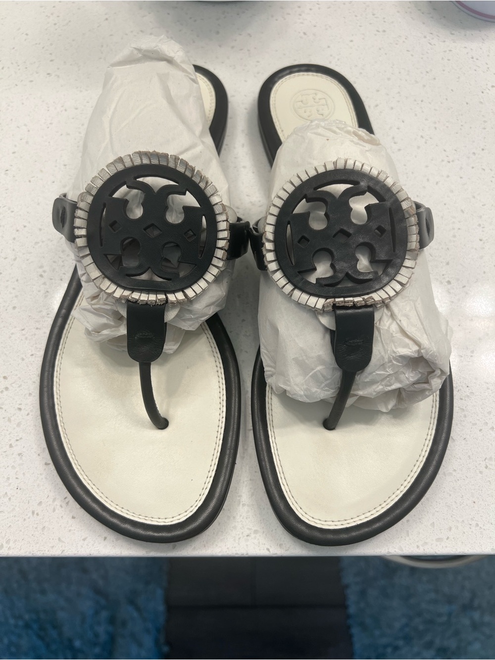 New Tory Burch Miller Fringe Size 10M Black/White Leather Sandals EUC